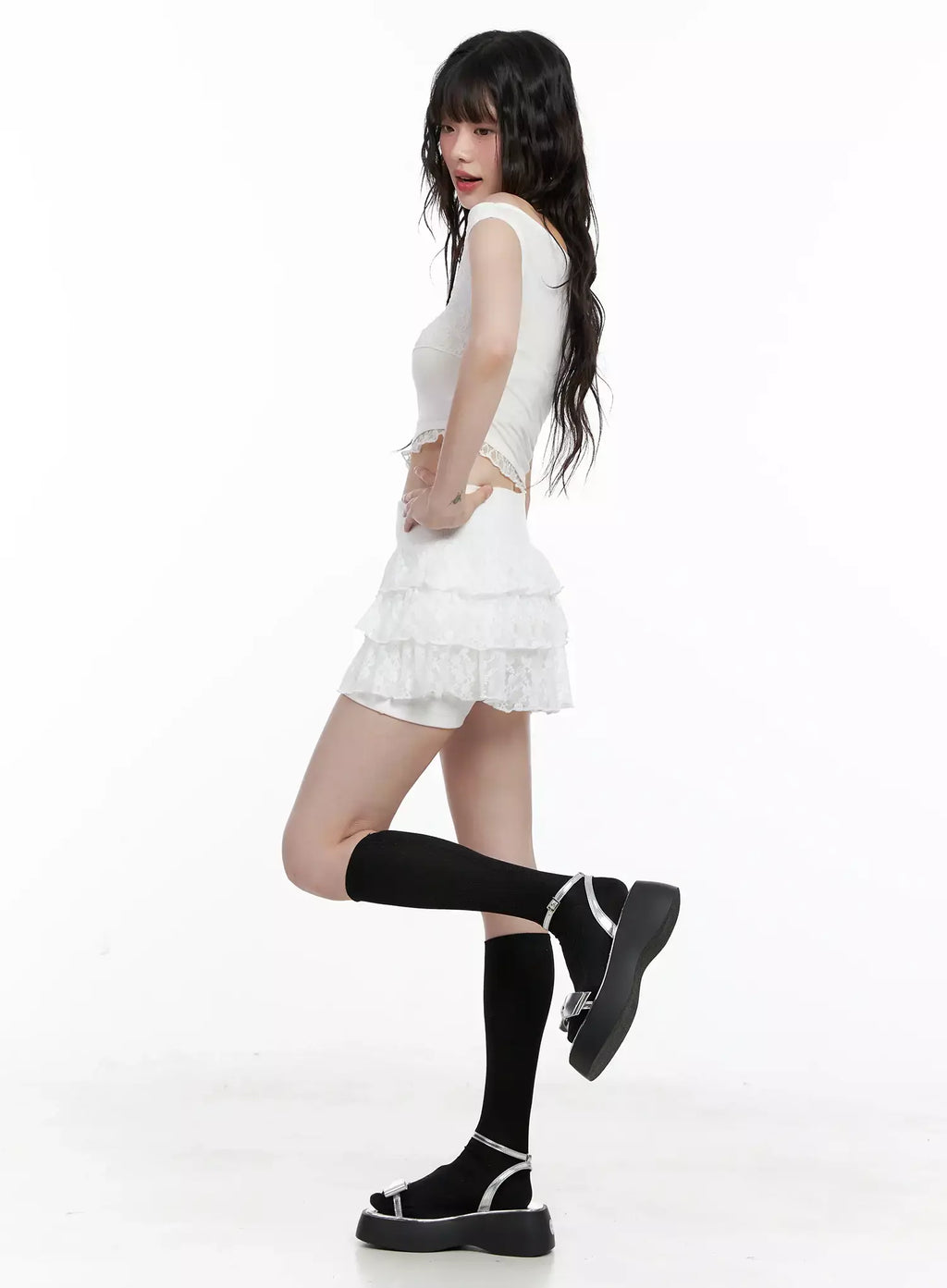 Asymmetric Off-Shoulder Lace-Trim Top IL531