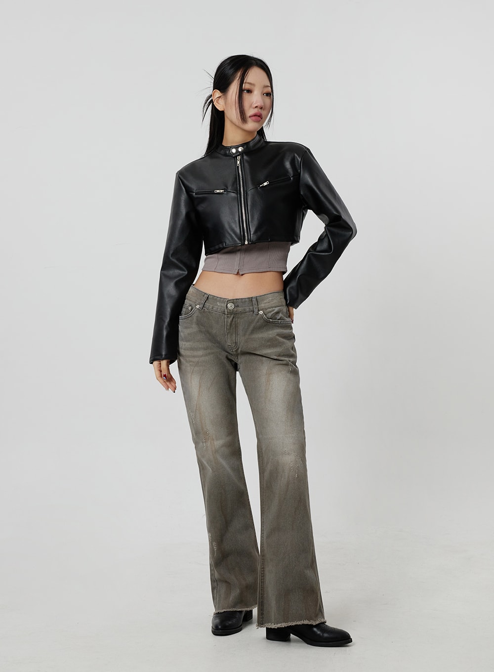 Faux Leather Cropped Zip-Up Jacket CF301