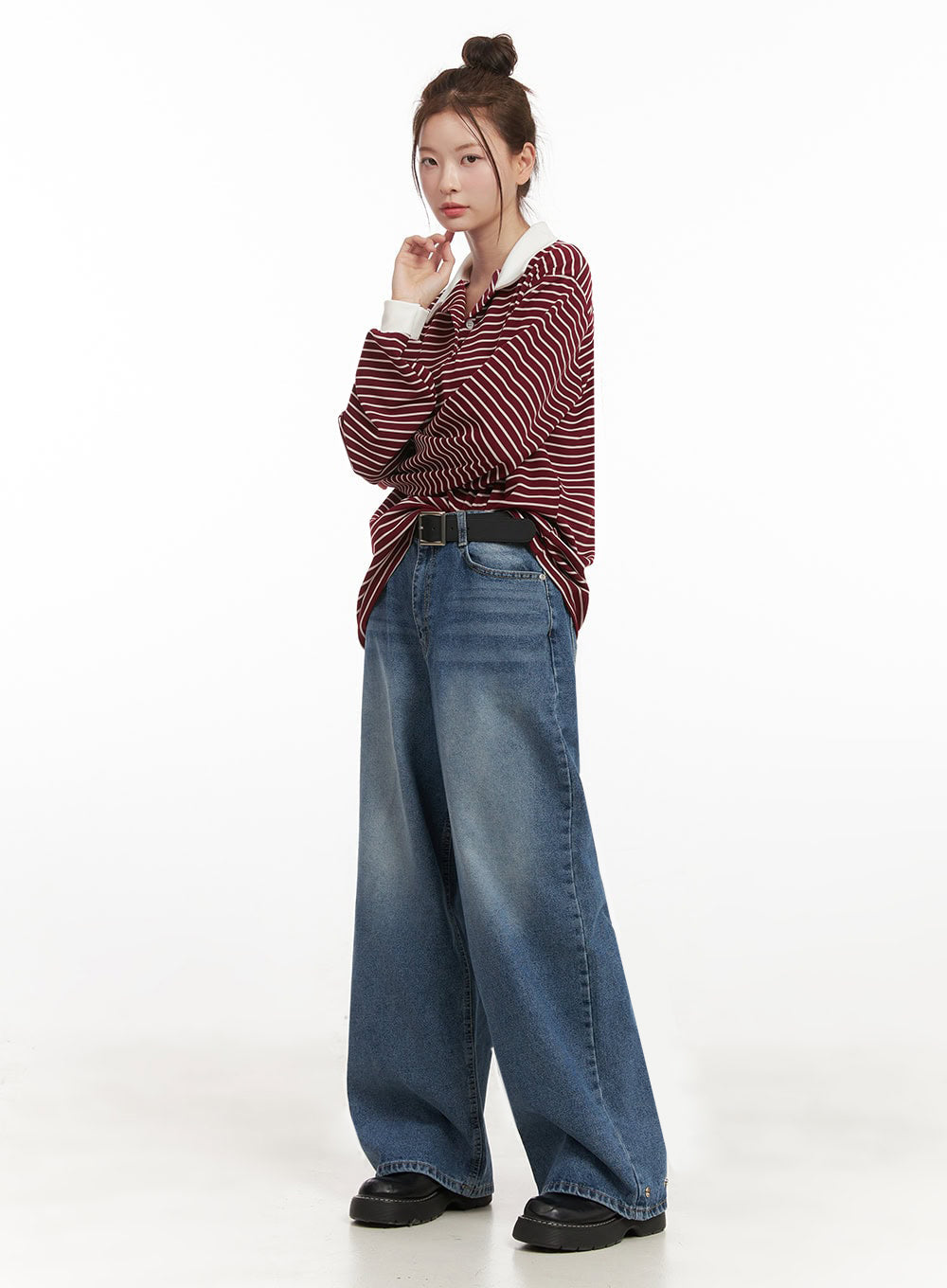 Oversized Stripe Collared Long Sleeve Top IJ527