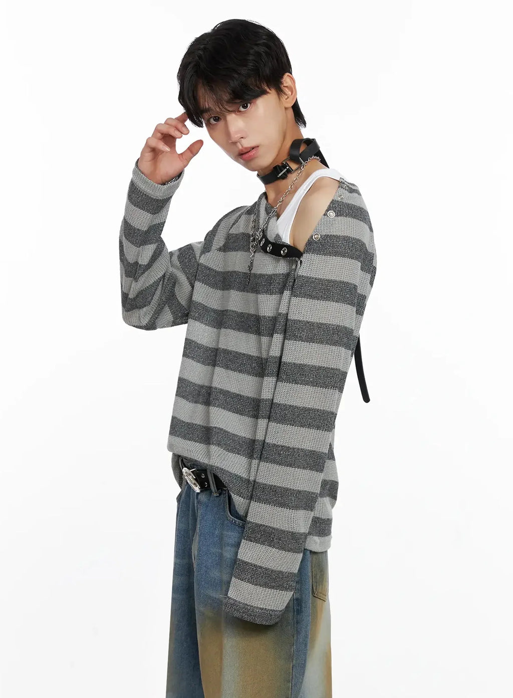 Men's Striped Snap Button Long Sleeve Shirt IO516