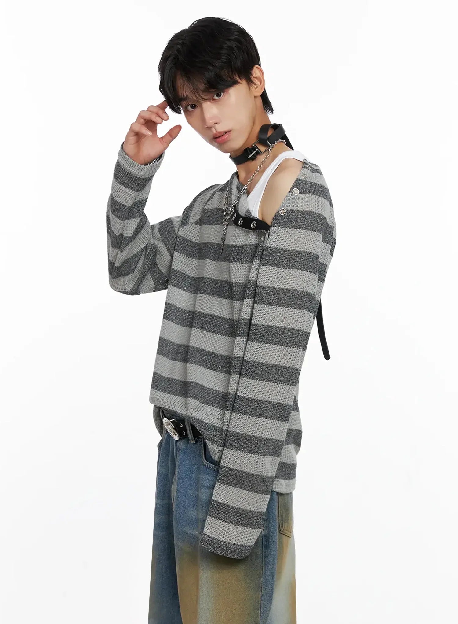 Men's Striped Snap Button Long Sleeve Shirt IO516