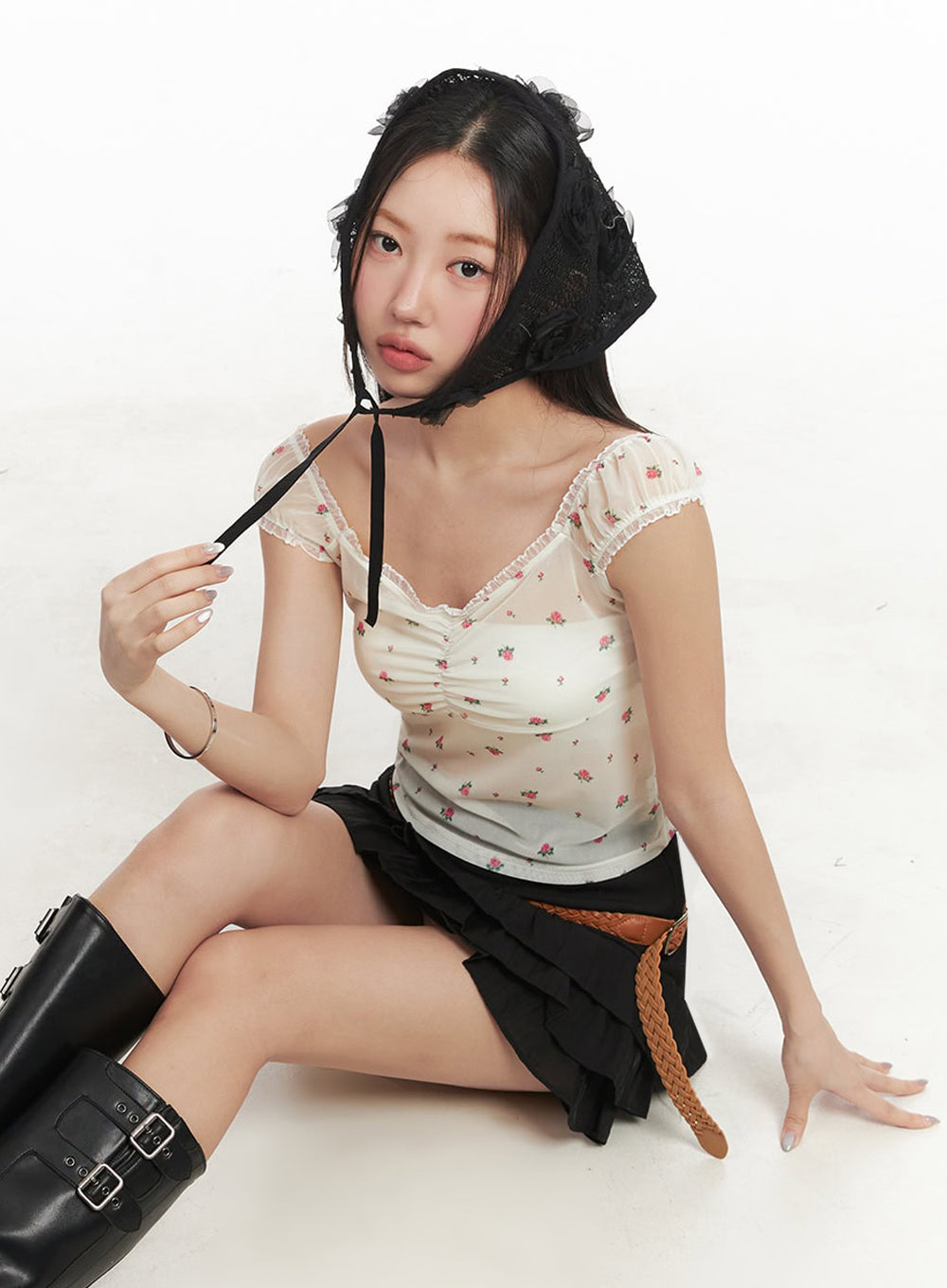 Sheer Floral Lace Shirred Top IM525