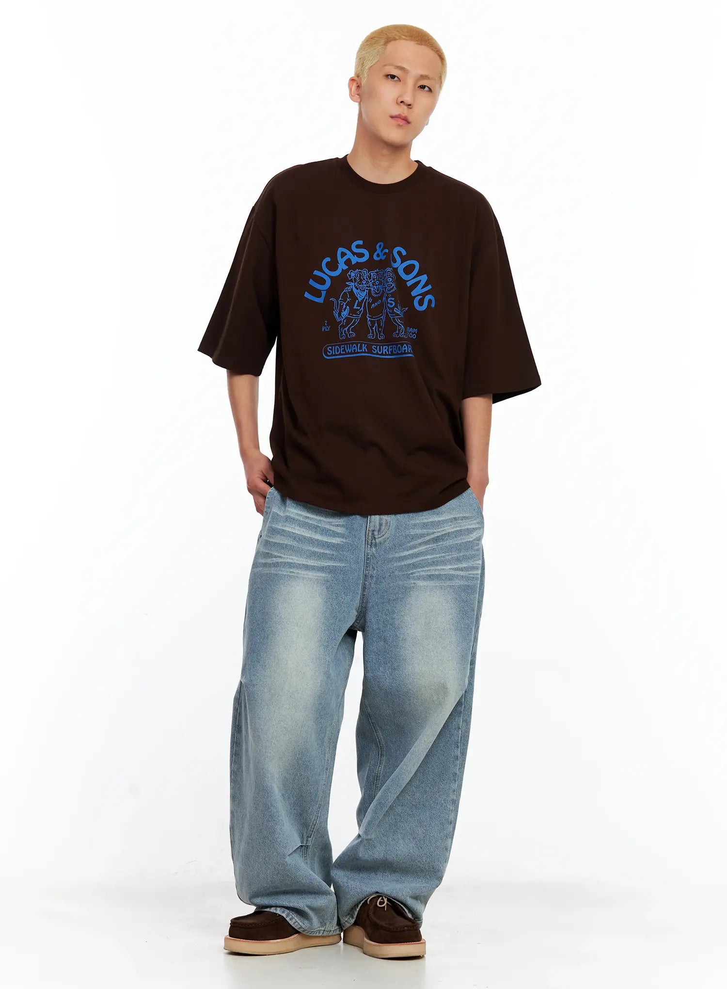 Men's Front-Pleated Washed Wide Denim Pants IL514