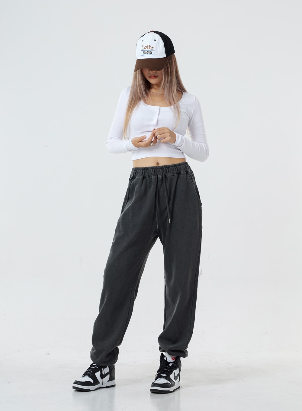 Button U-Neck Crop Long Sleeve T-Shirt CS02