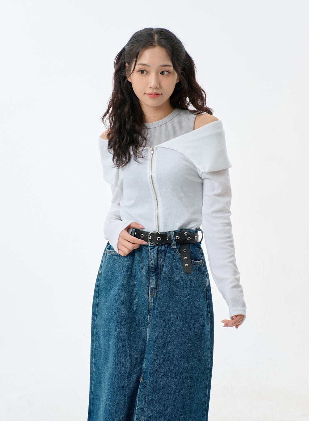 Mid-Wash Front Slit Denim Maxi Skirt BJ327