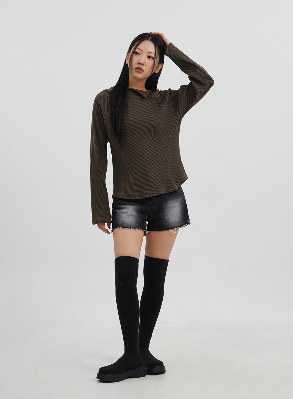 Side Button Detail Knit Hoodie CJ318