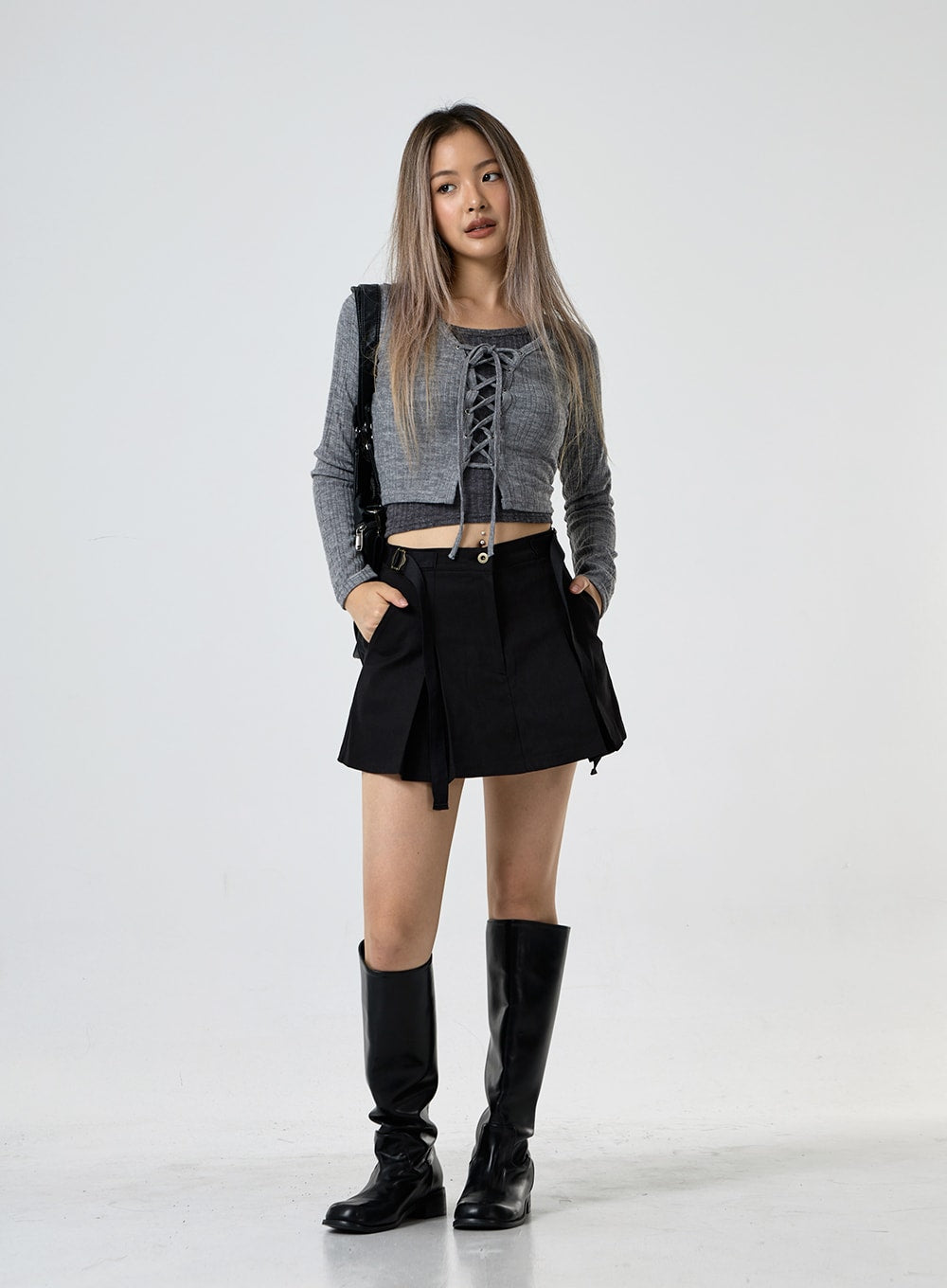 Lace Up Ribbed Crop Cardigan CG25