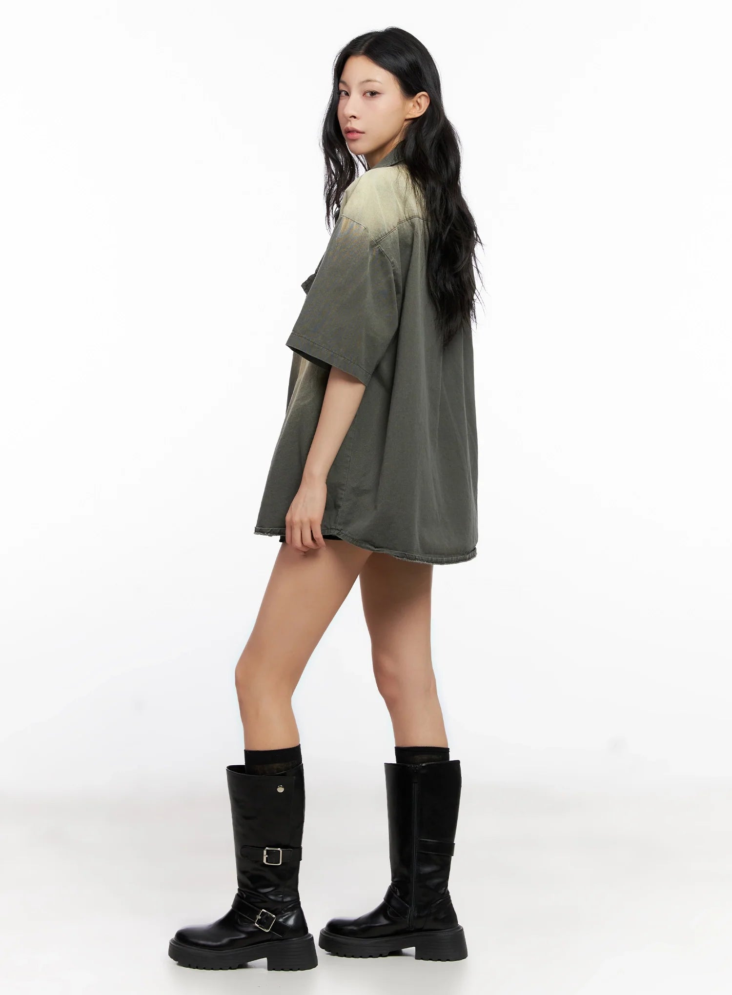 Washed Short-Sleeve Button-Up Shirt IG508