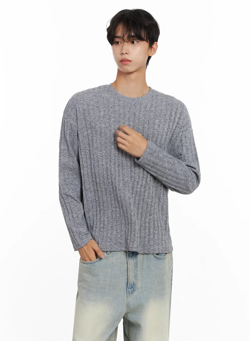 Men's Ribbed Knit Long Sleeve Shirt IO516