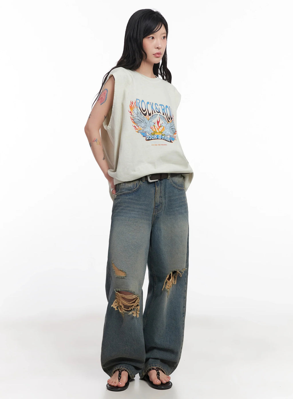 Jeemin Vintage Distressed Wide-Leg Denim Jeans  IC503