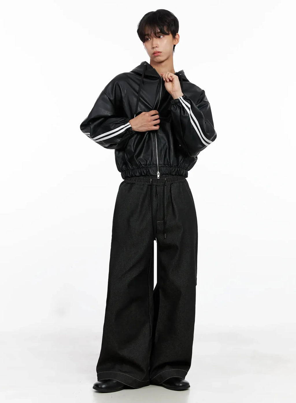 Men's Faux Leather Track Hooded Jacket IO517