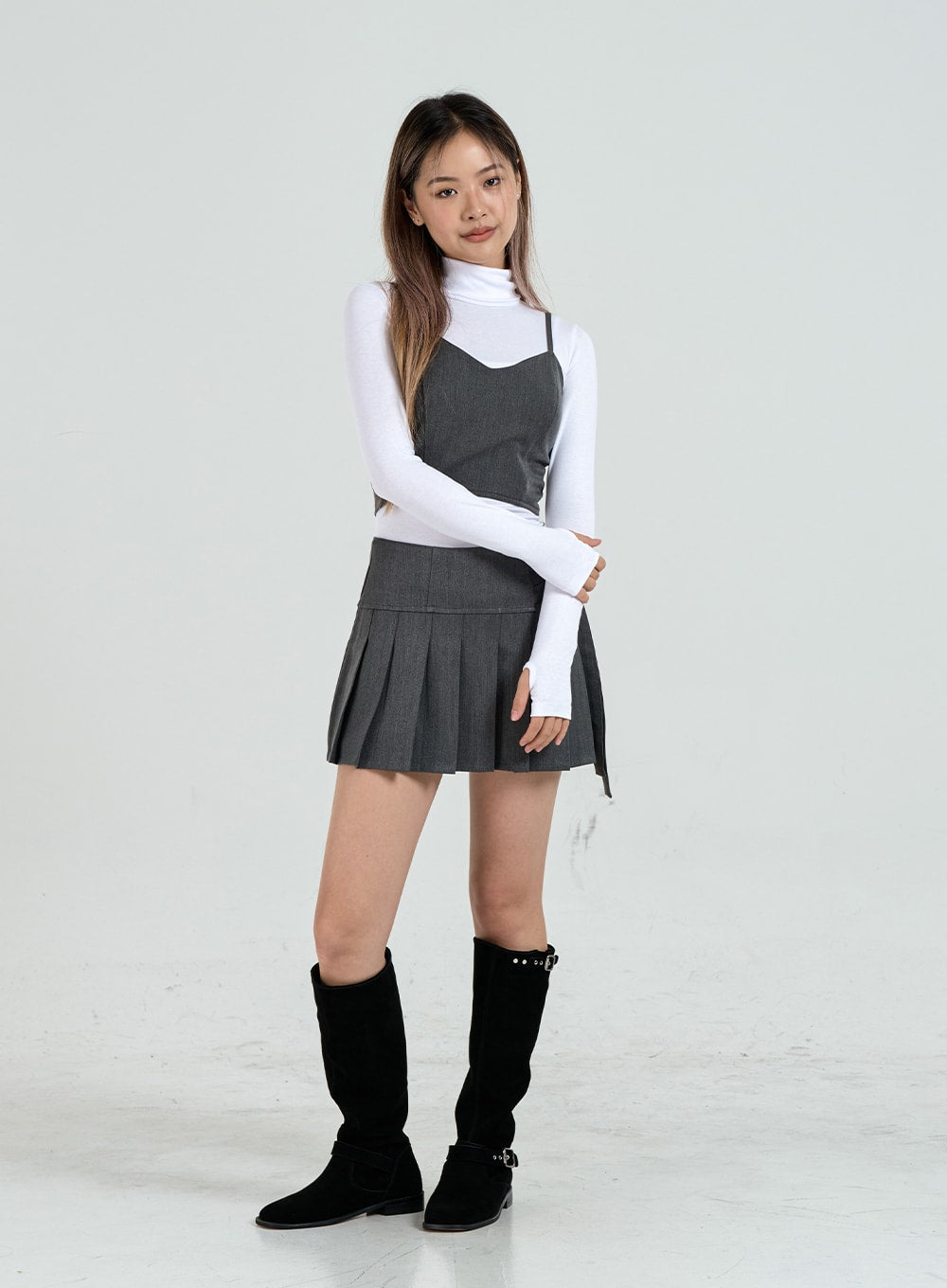 Pleated Side Belt Mini Skirt CO12