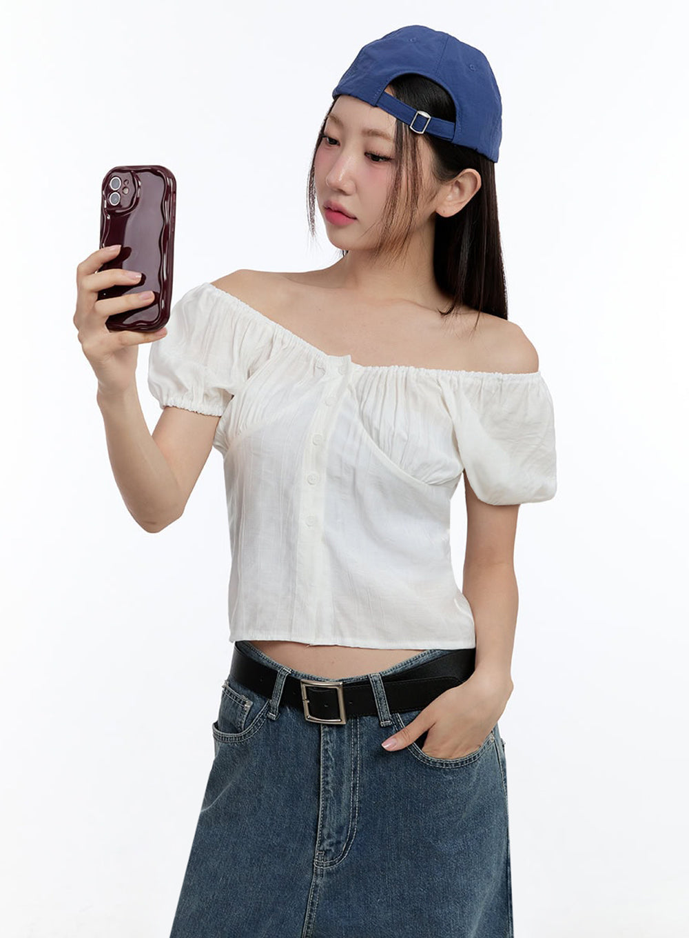 Off-Shoulder Puff-Sleeve Crop Top IU509