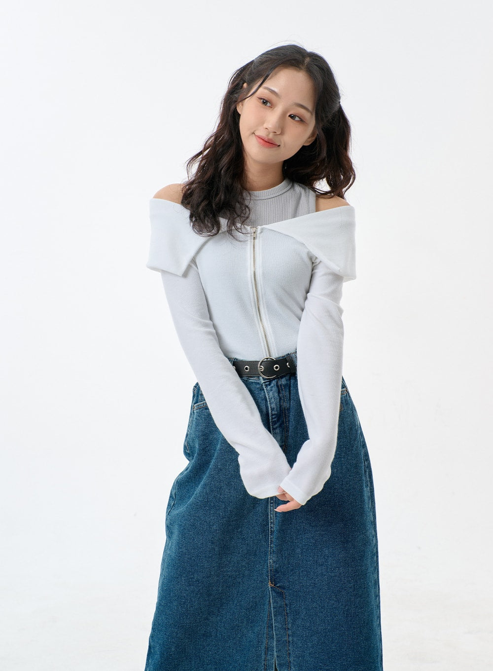 Mid-Wash Front Slit Denim Maxi Skirt BJ327