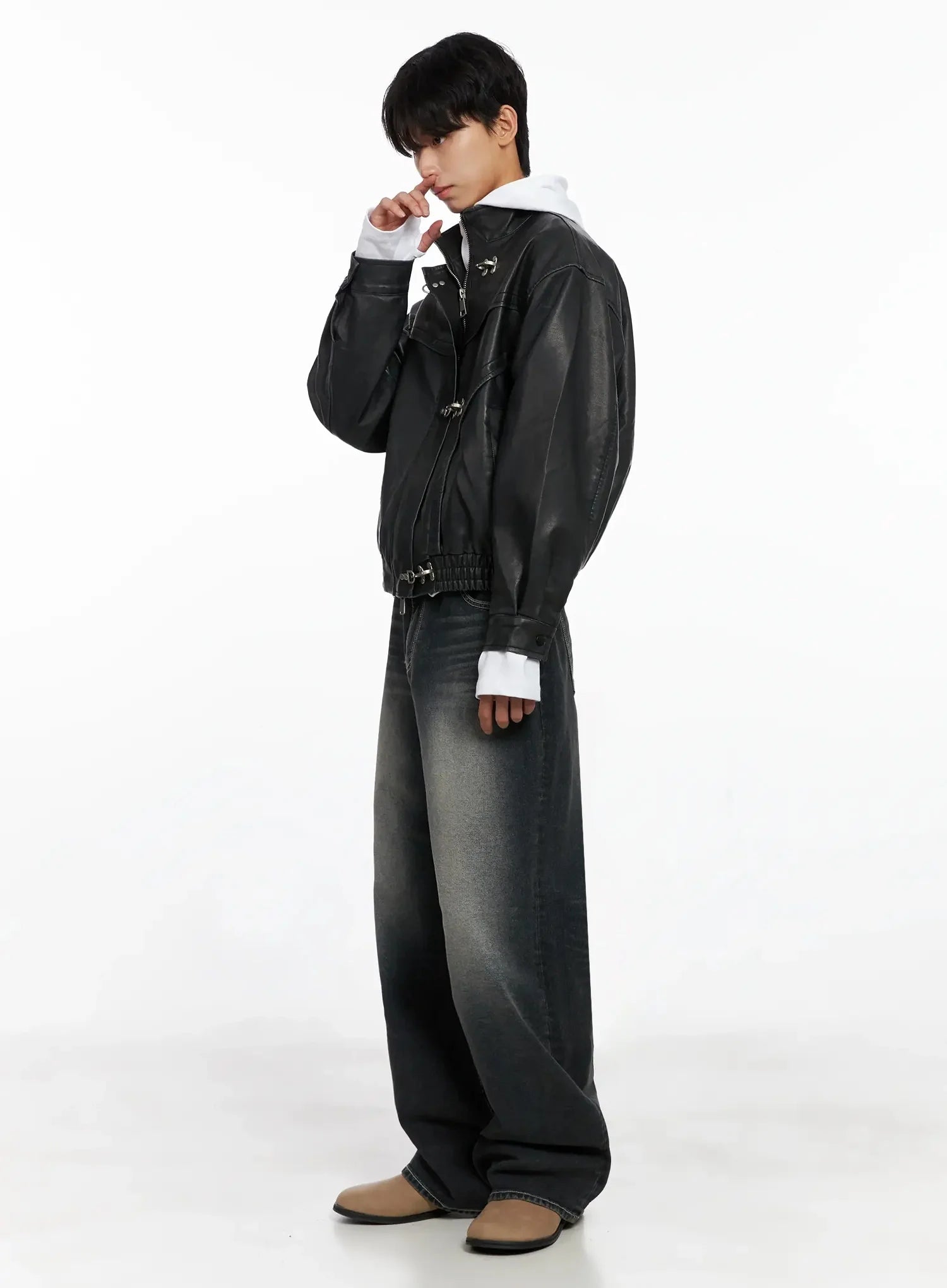 Men's Faux Leather Toggle Buckle Jacket IO517