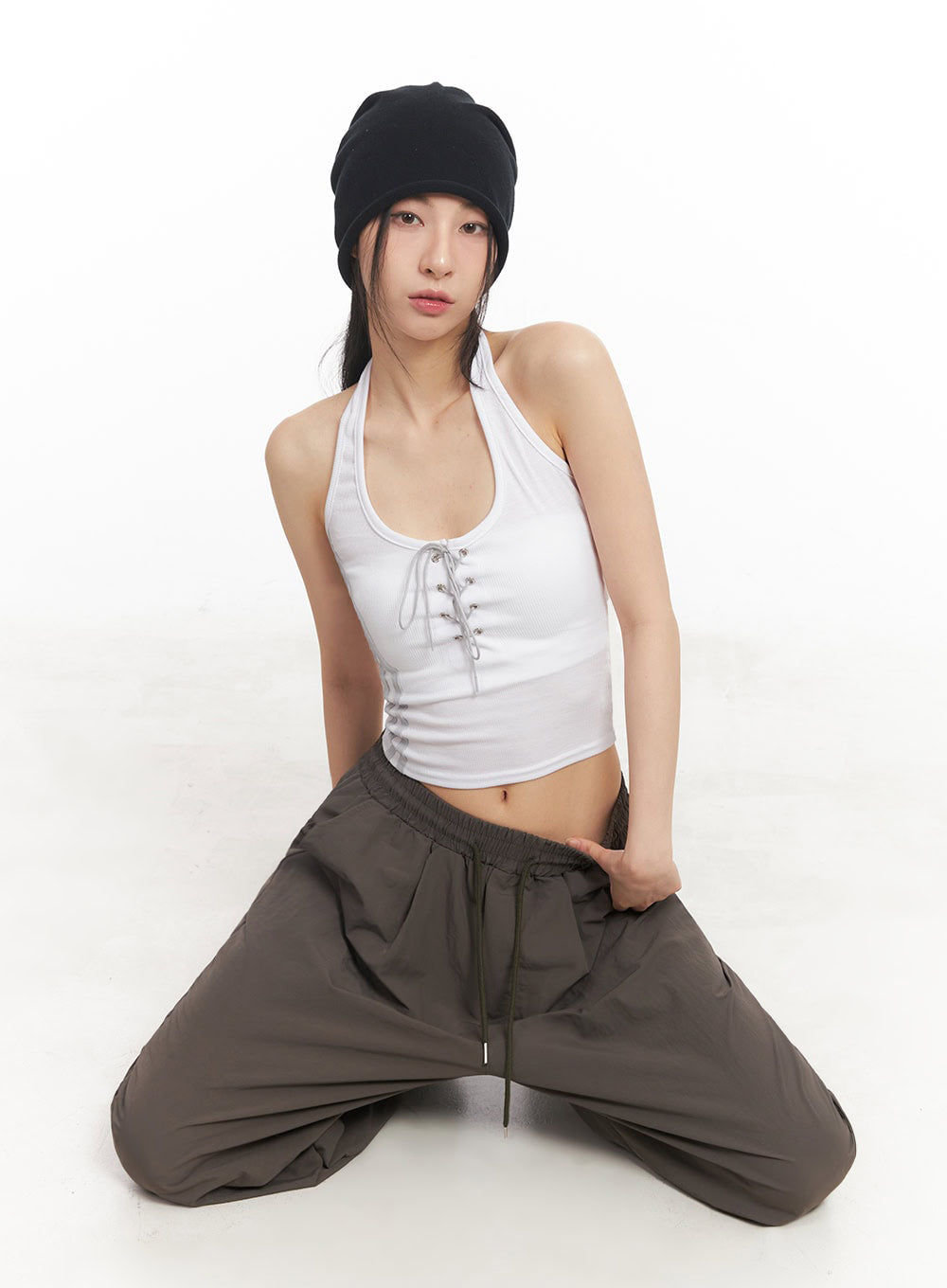 Halter Lace-Up Eyelet Crop Tank Top IY529