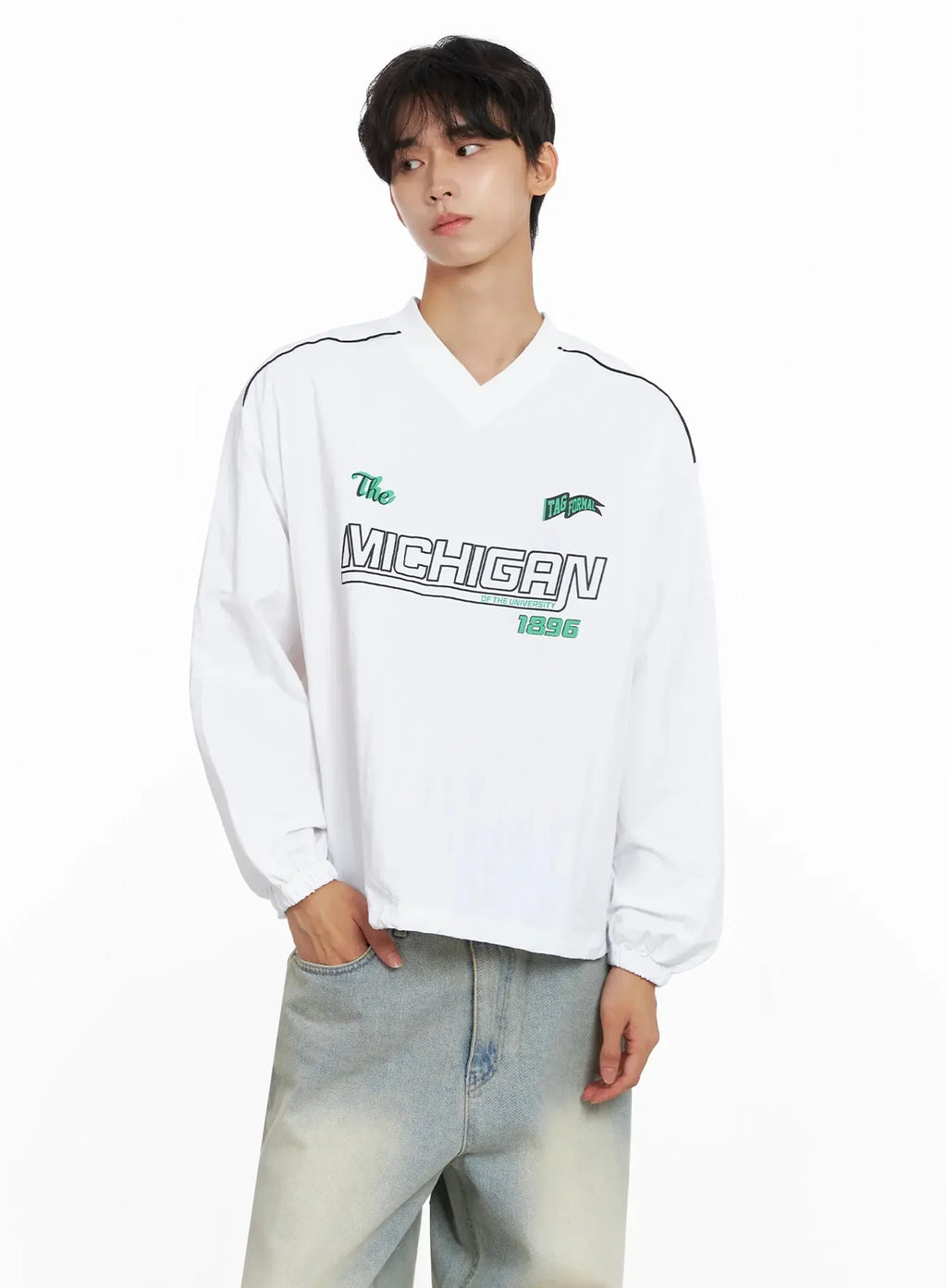 Men's V-Neck Lettering Windbreak Pullover IO517