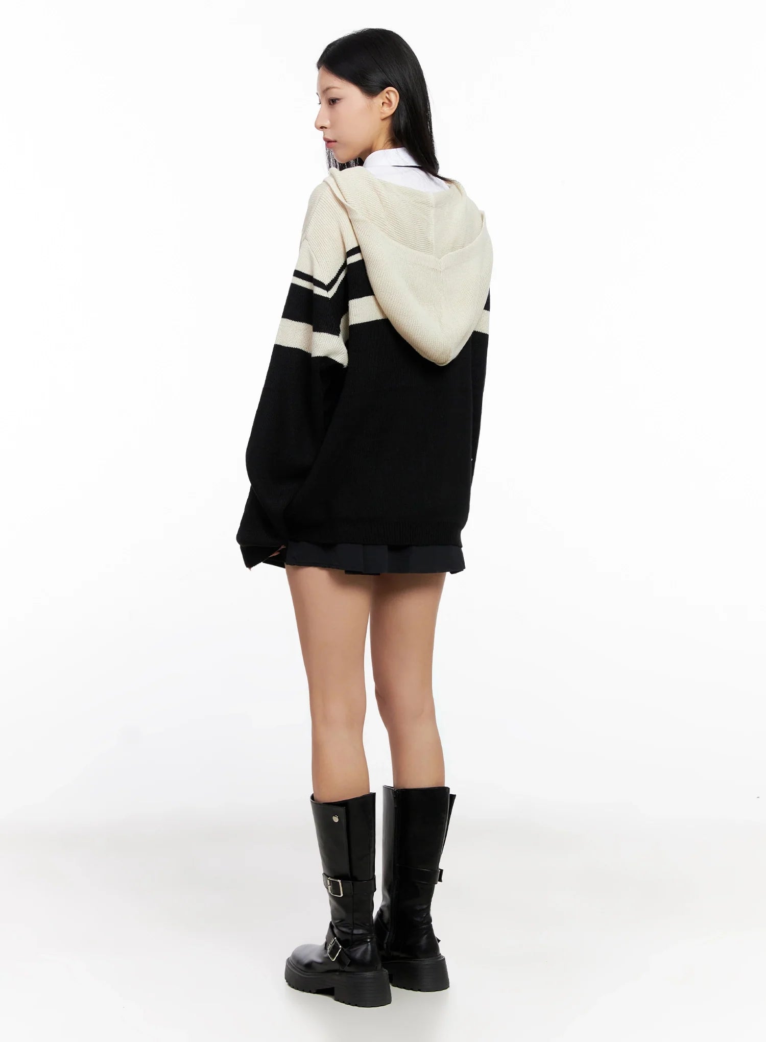 Striped Oversized Zip-Up Knit Hoodie IG508