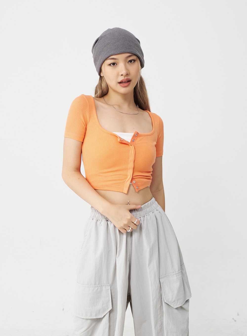 Drawstring Hem Long Wide Cargo Pants CJ21