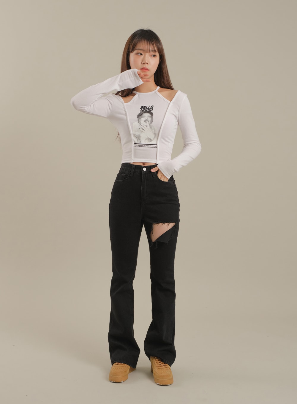 Cut Out Halter neck Long Sleeve T Shirt