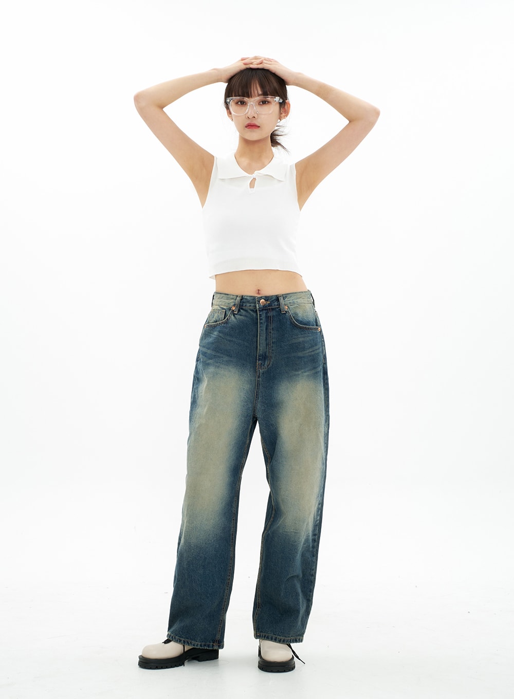 Bleached Wide Leg Denim Pants CA07