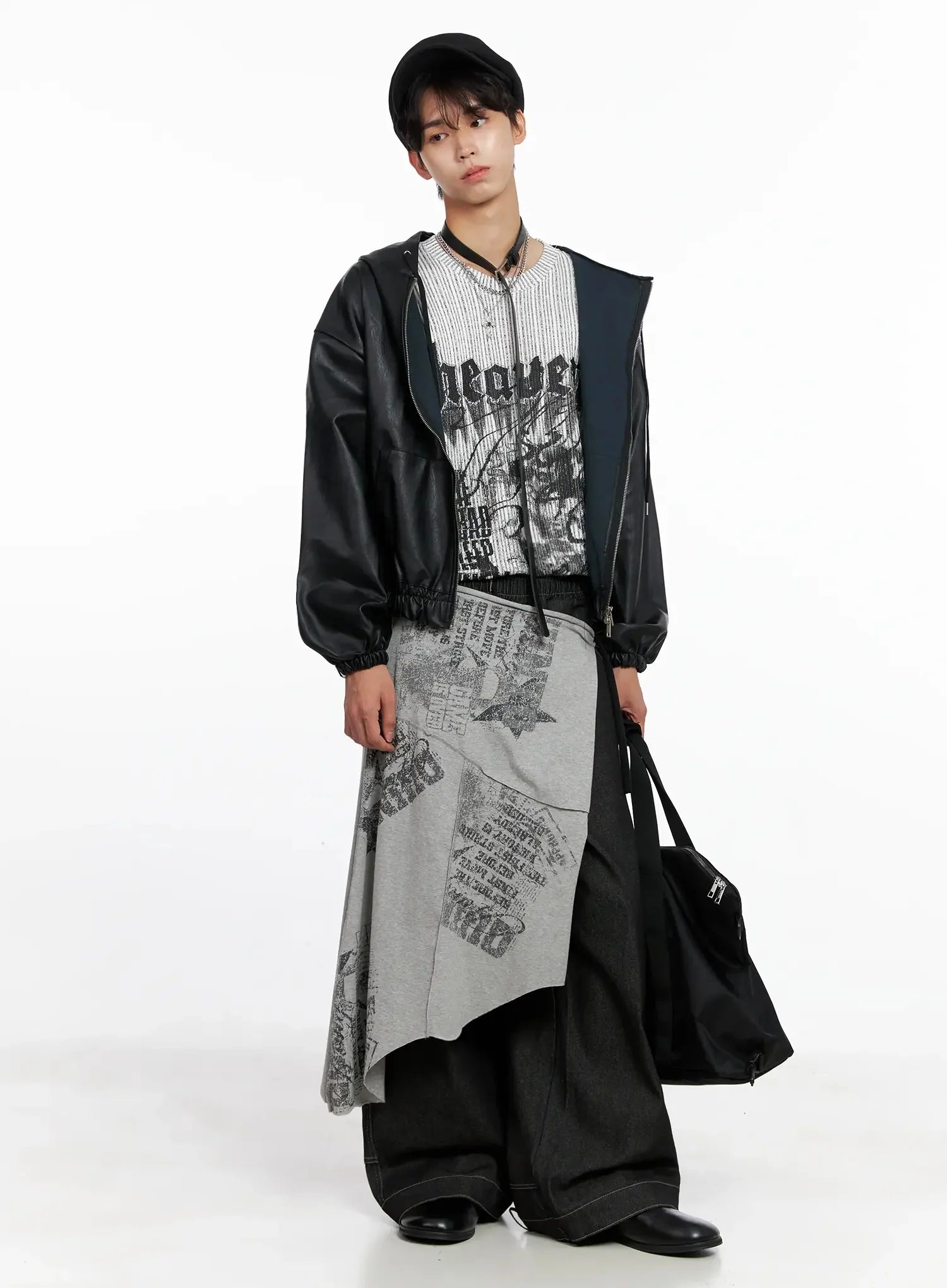 Men's Faux Leather Track Hooded Jacket IO517