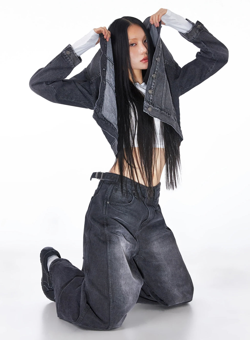 Goffel Side Belt Washed Wide Denim Pants CO517