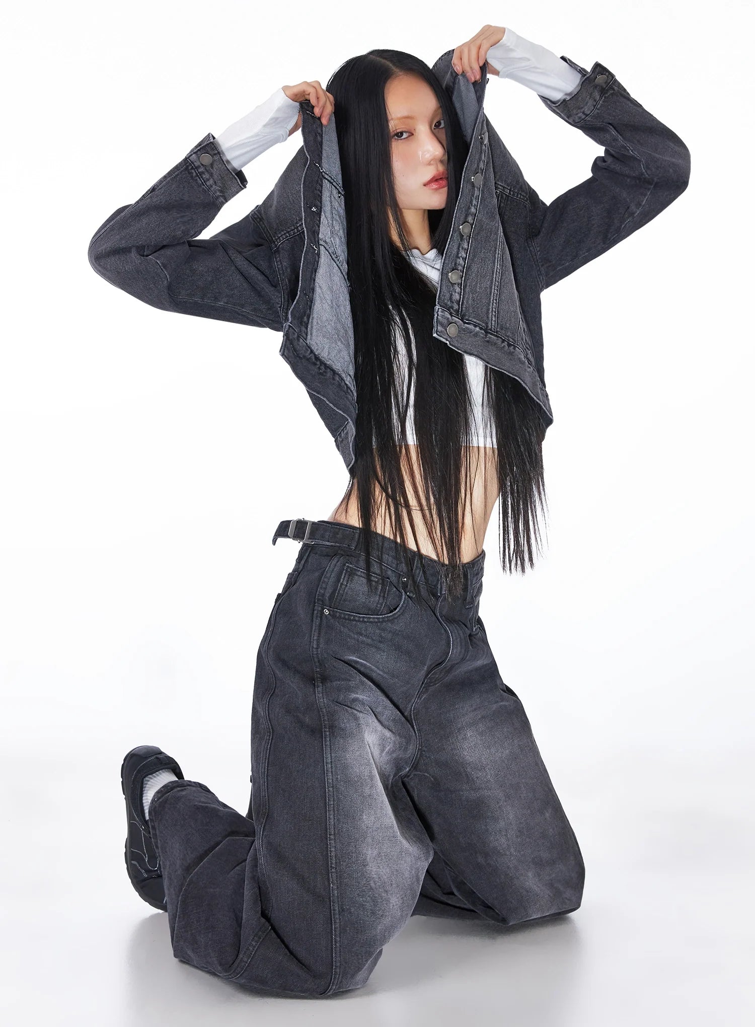 Goffel Side Belt Washed Wide Denim Pants CO517