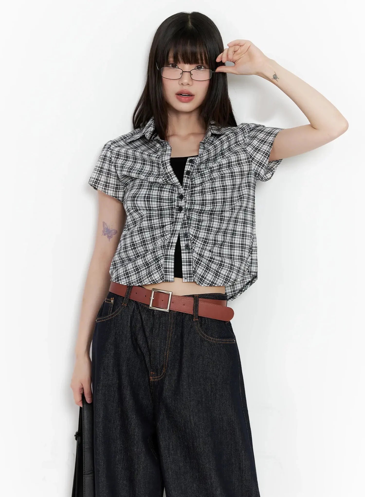 Shirred Plaid Button-up Blouse IL531