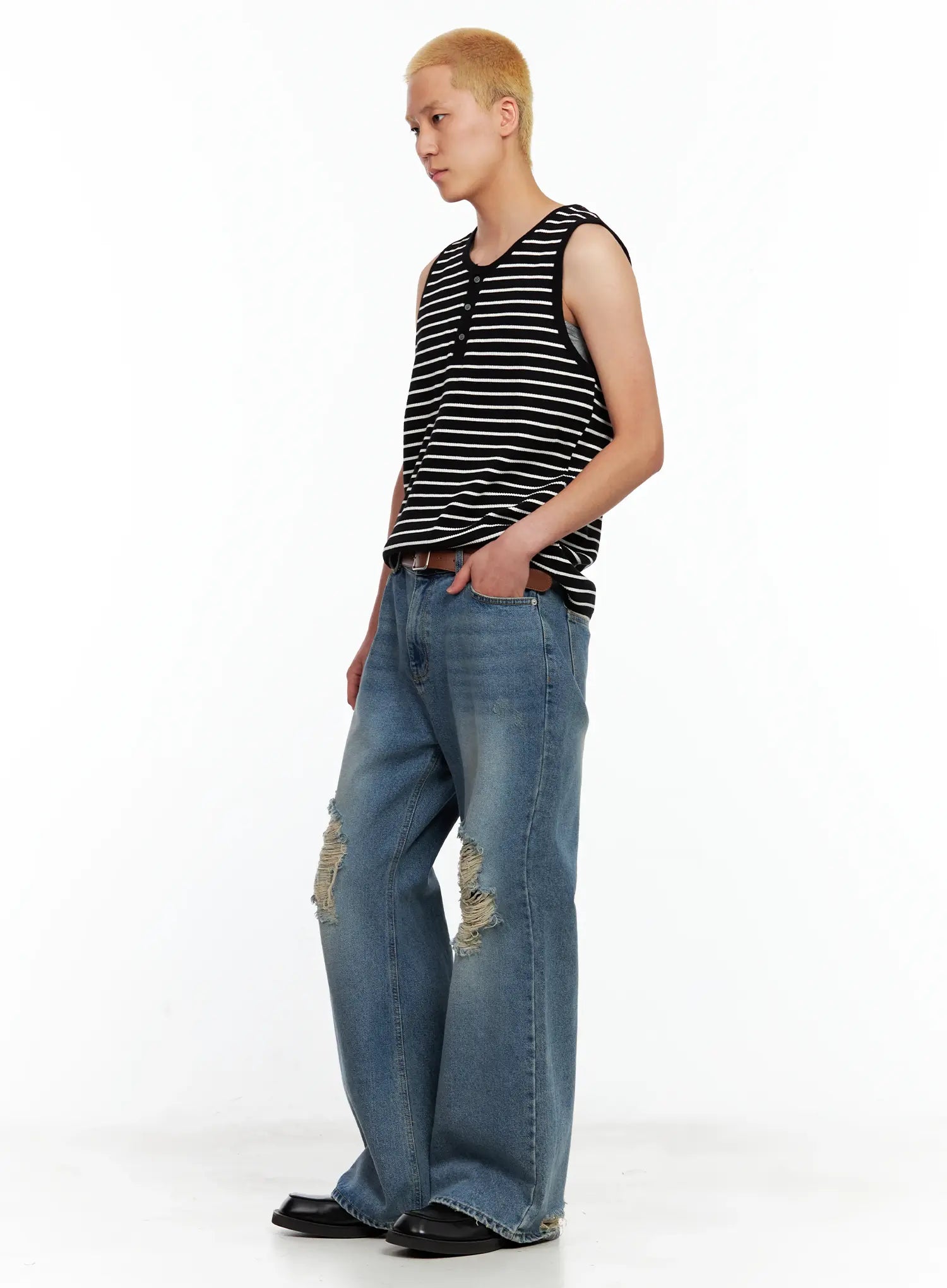 Men's Striped Henley Tank Top IL511