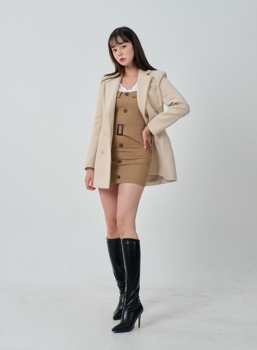 Layered V-Neck Button Belt Mini Dress ID29