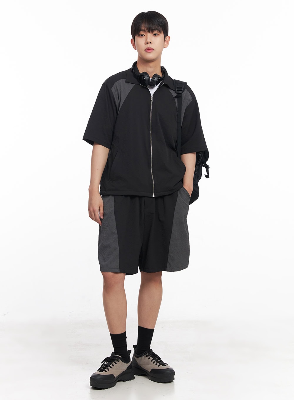 Men's Zip-Up Collared Half-Sleeve Shirt IY520