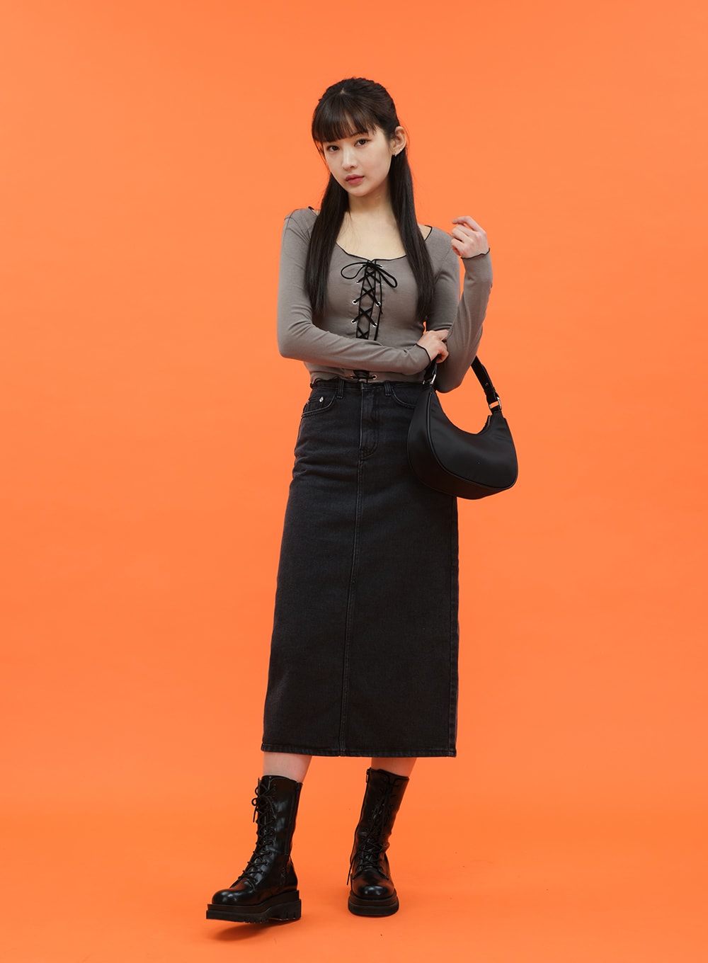 Cropped Long Sleeve Top with Front Lace Detail C1703