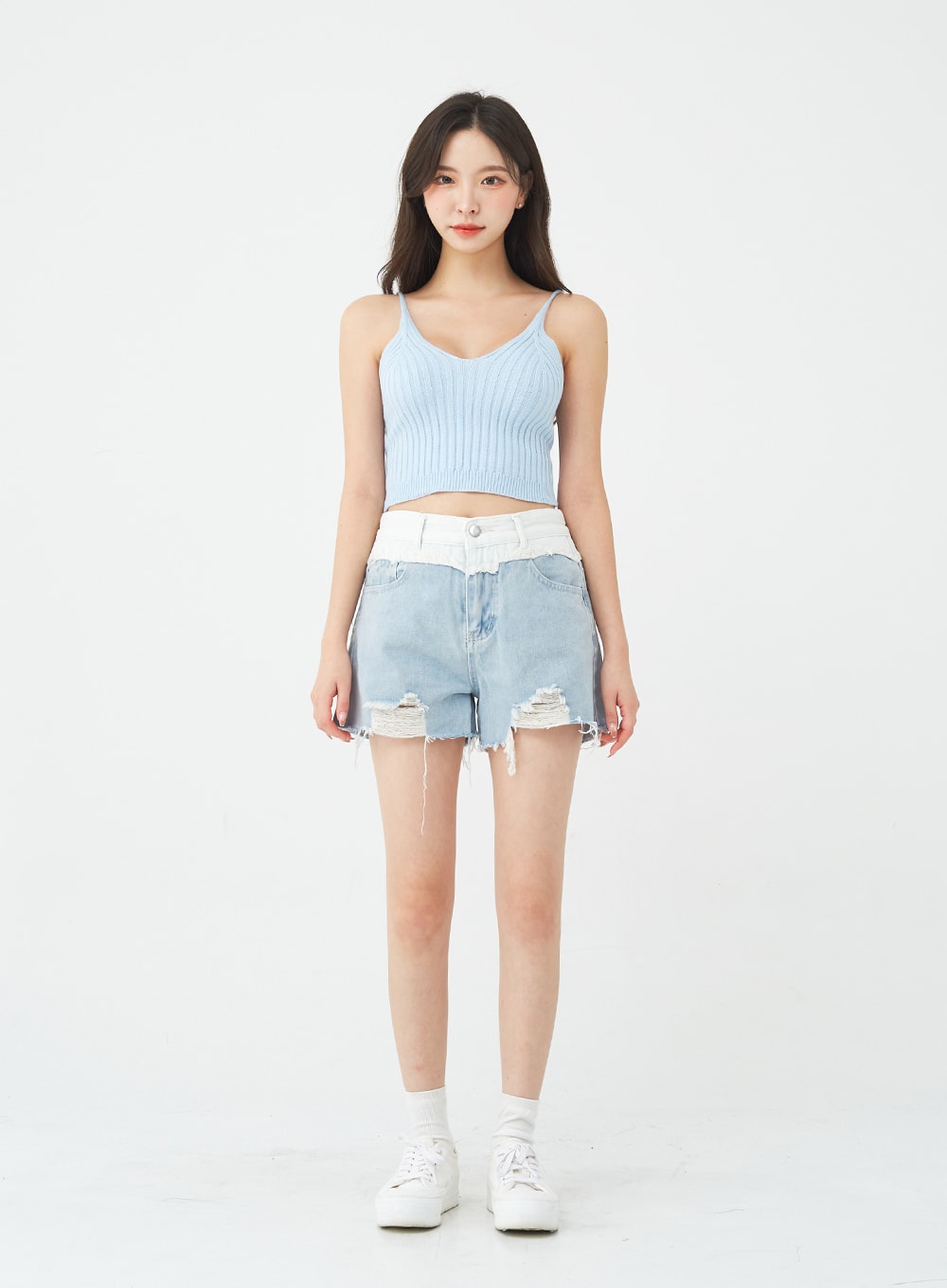 Two-Tone Distressed Denim Shorts BG12