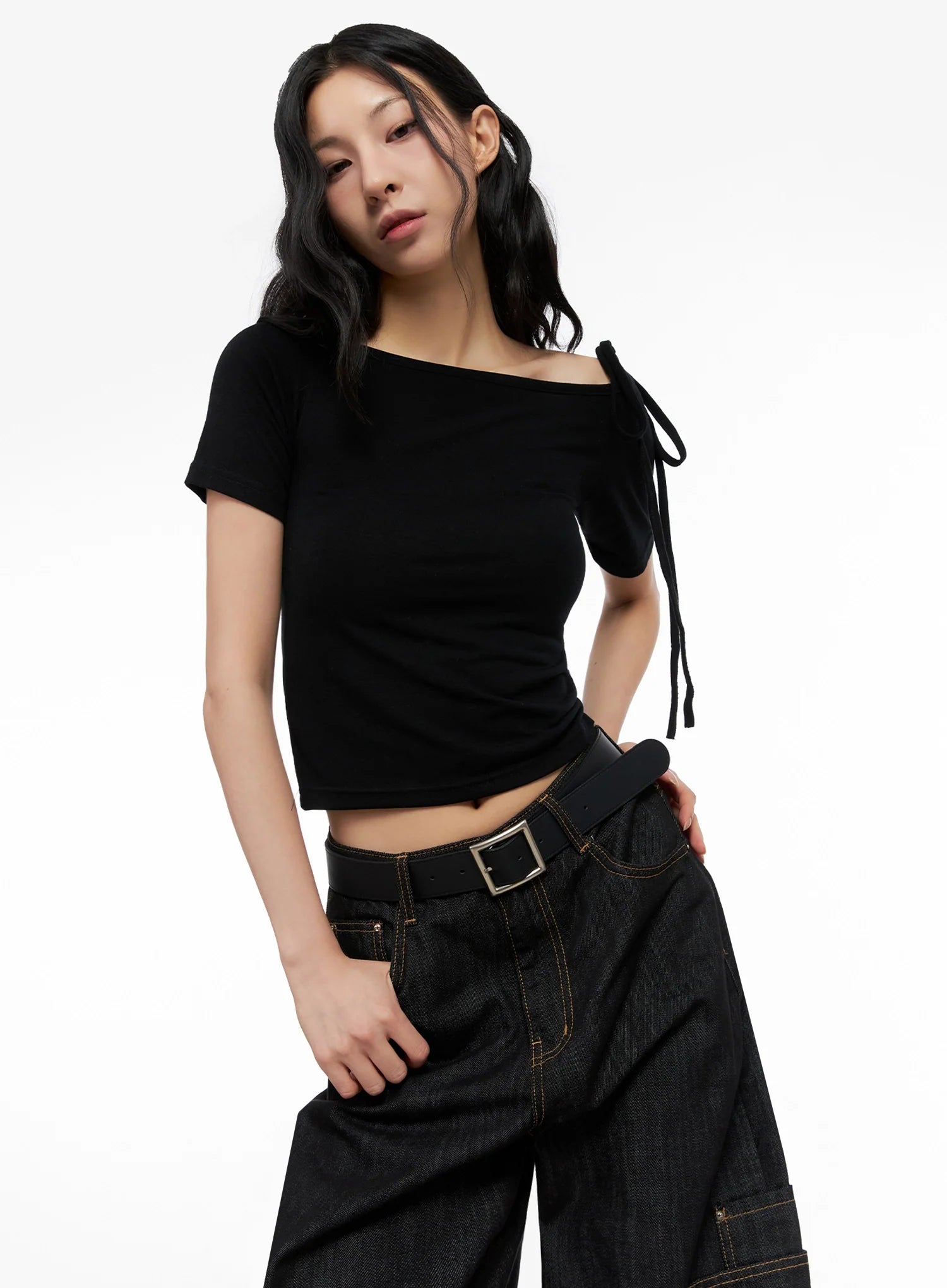 Asymmetric Shoulder-Tie T-Shirt IG508