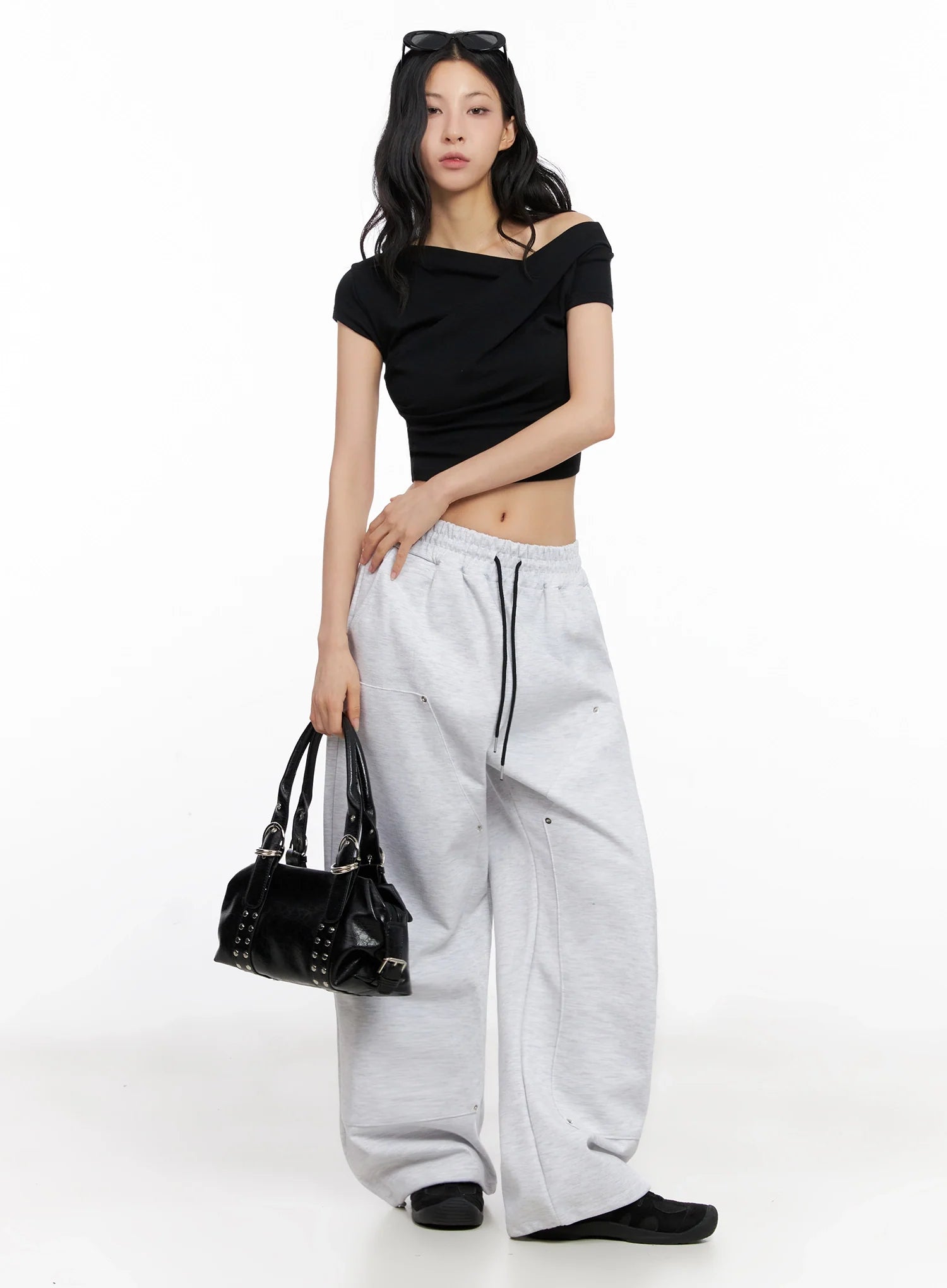 Asymmetric Shirred Off-Shoulder Crop Tee IG508