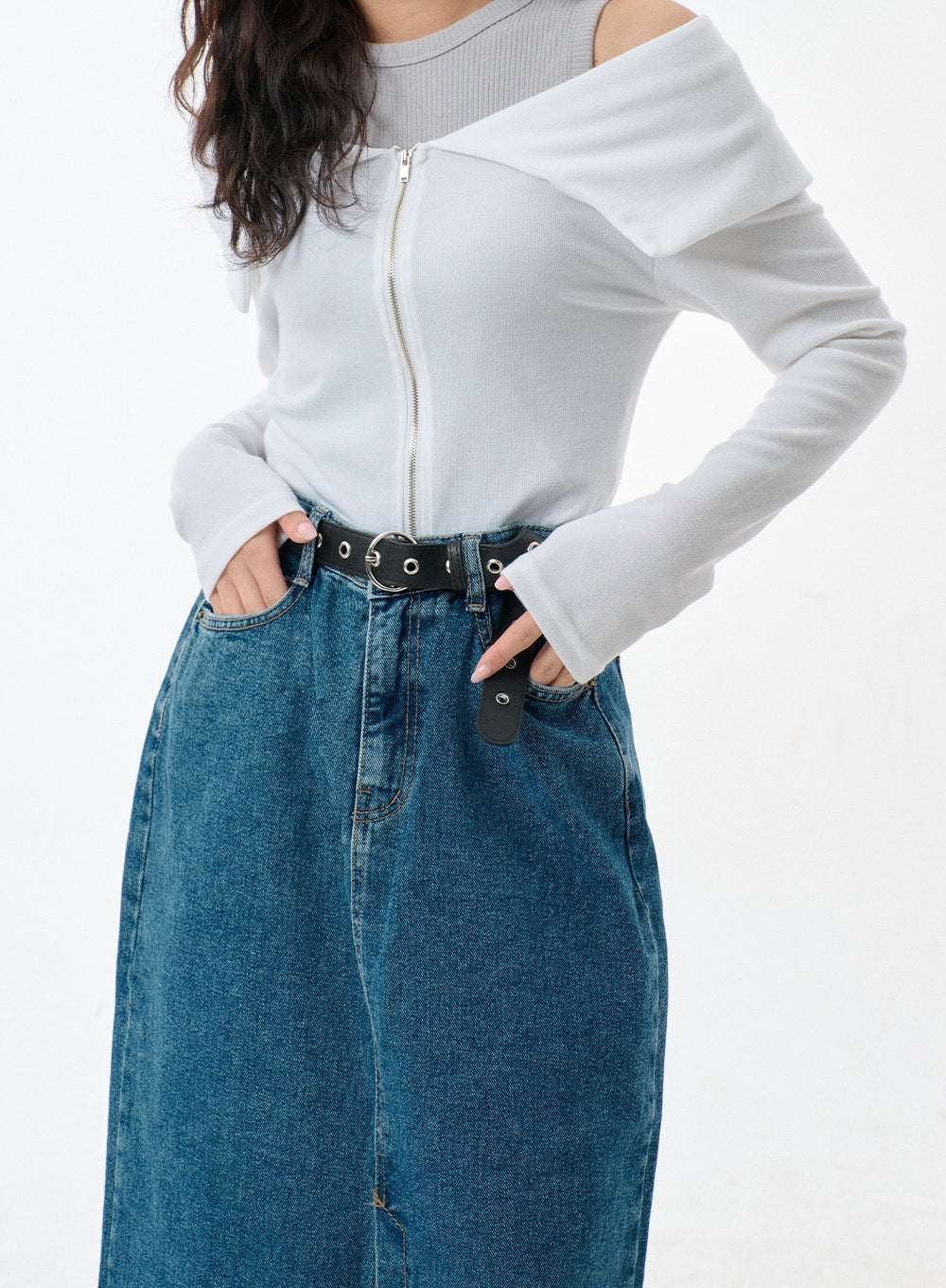 Mid-Wash Front Slit Denim Maxi Skirt BJ327