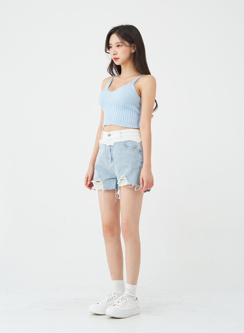 Two-Tone Distressed Denim Shorts BG12