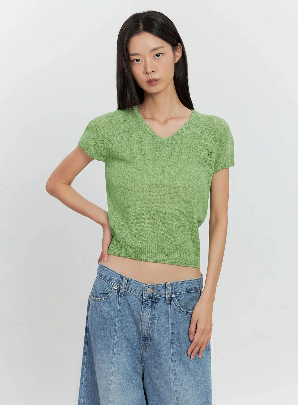 Mesh V-Neck Short-Sleeve Top IL528