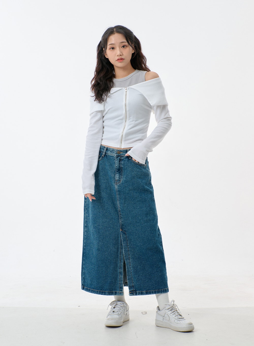 Mid-Wash Front Slit Denim Maxi Skirt BJ327