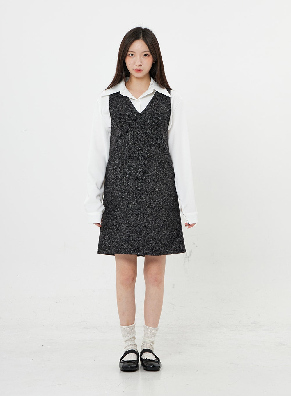 Mixed Color V-Neck Wool Dress BO21