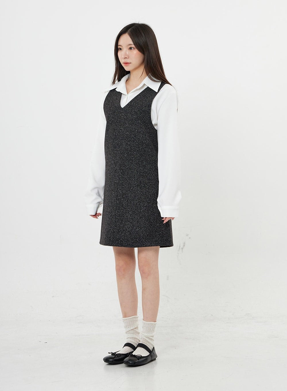 Mixed Color V-Neck Wool Dress BO21