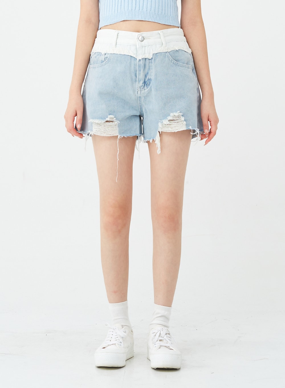 Two-Tone Distressed Denim Shorts BG12