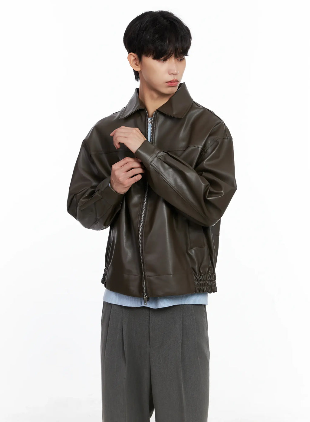 Men's Classis Faux Leather Zip-Up Jacket Is519