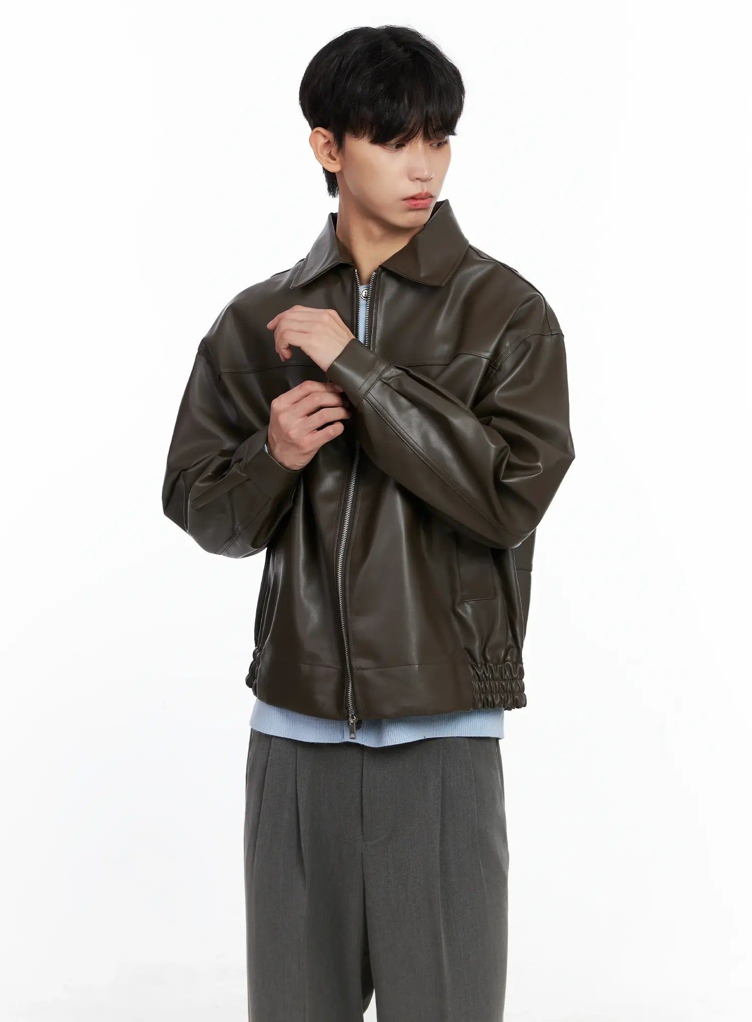 Men's Classis Faux Leather Zip-Up Jacket Is519
