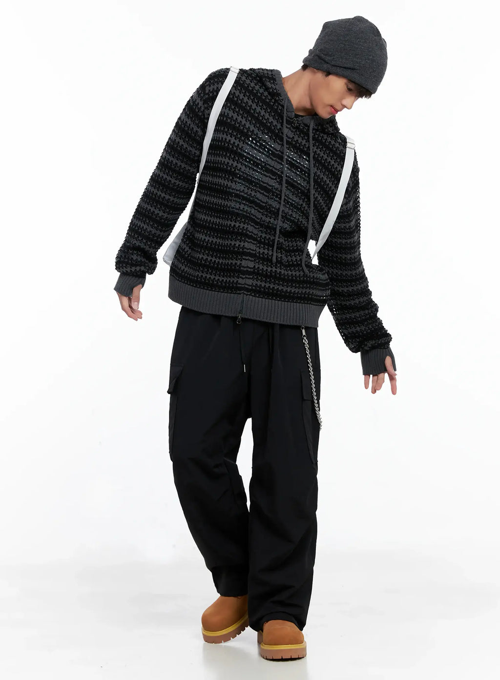 Men's Striped Textured Double Zip-Up Hoodie IO506