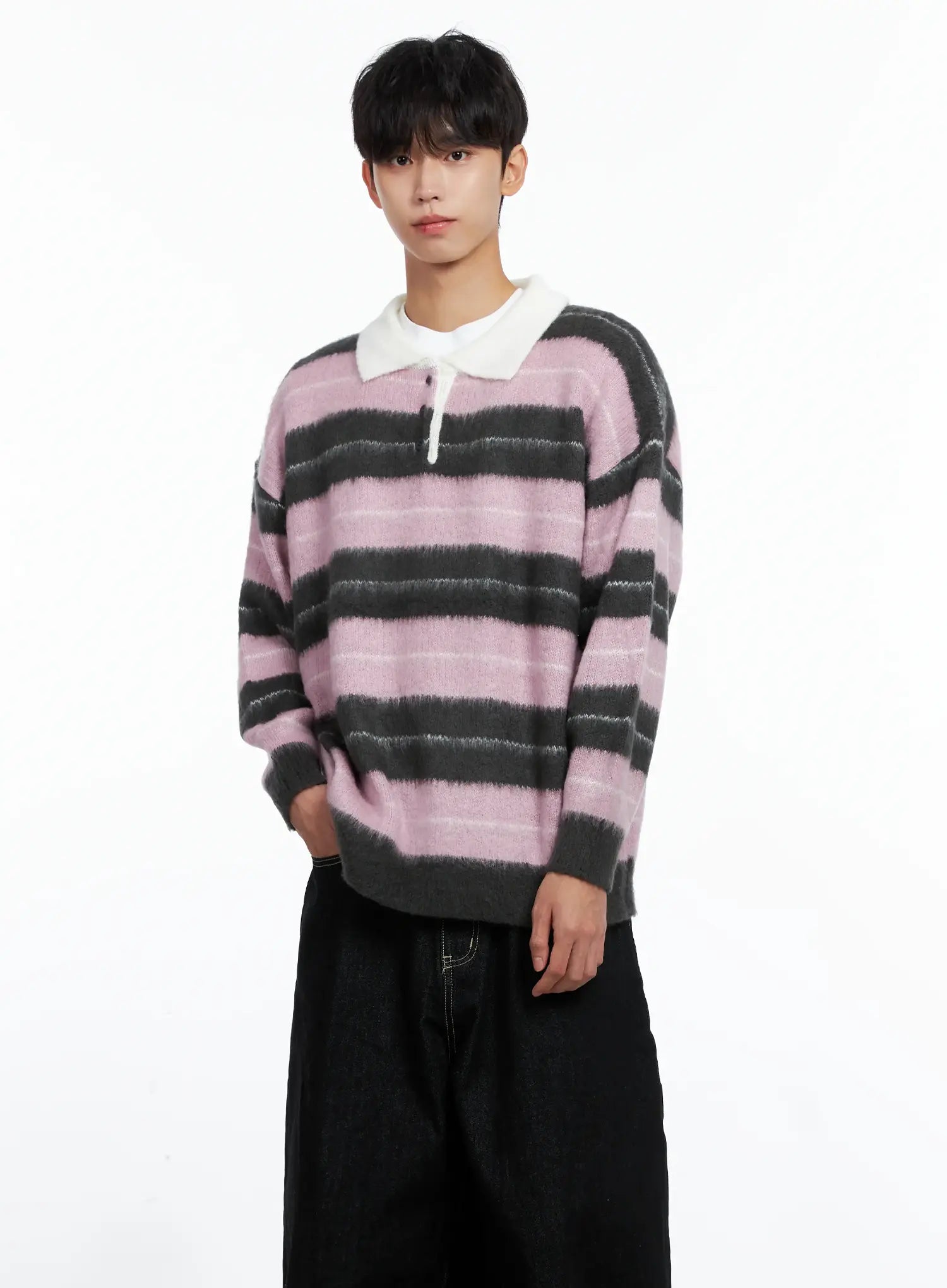 Men's Striped Knit Sweater (Light Pink) IS519