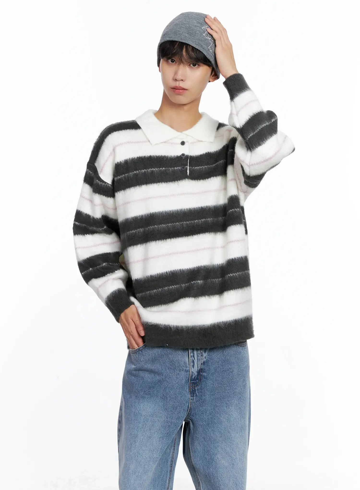 Men's Striped Knit Sweater (White) IS519
