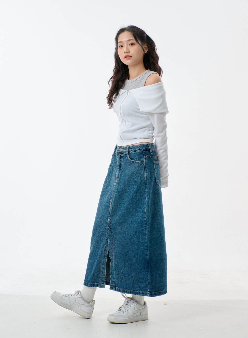 Mid-Wash Front Slit Denim Maxi Skirt BJ327