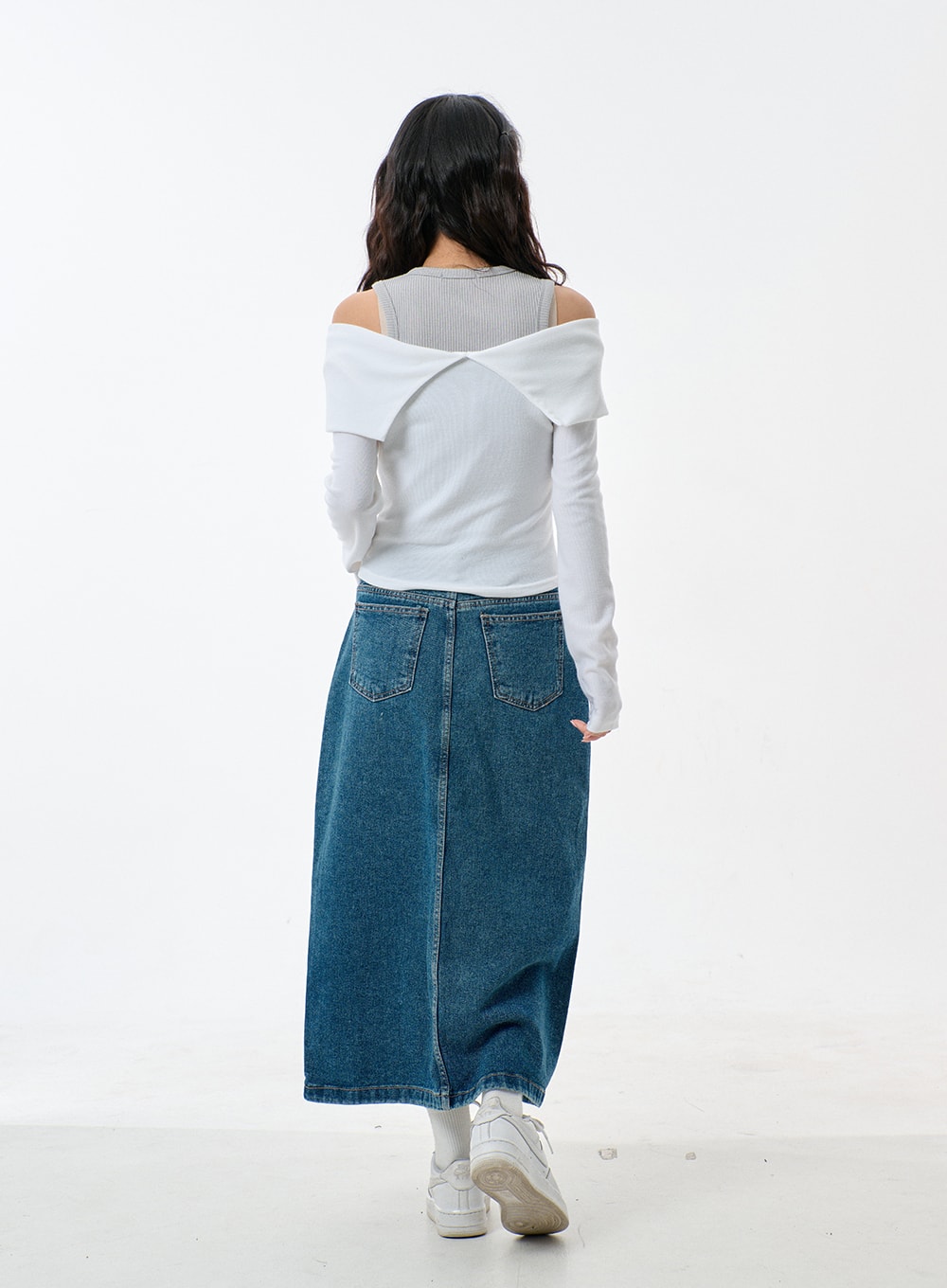 Mid-Wash Front Slit Denim Maxi Skirt BJ327